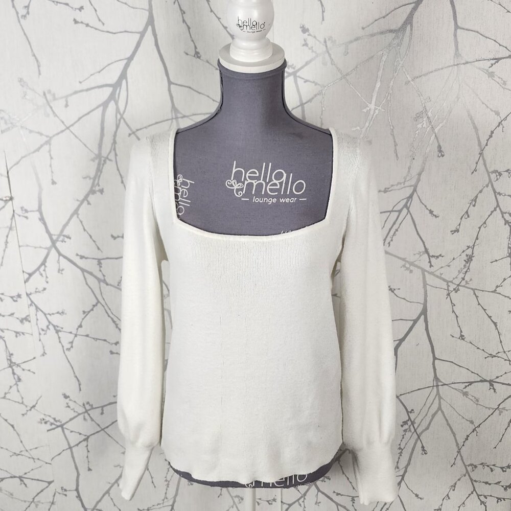 Free Press White Knit Square Neck Long Sleeve Top